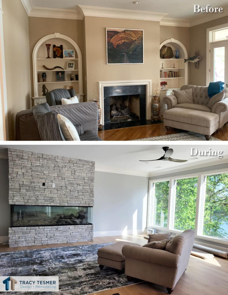 Before and During of a fireplace remodeling project, changing from traditional style to a large contemporary feature.